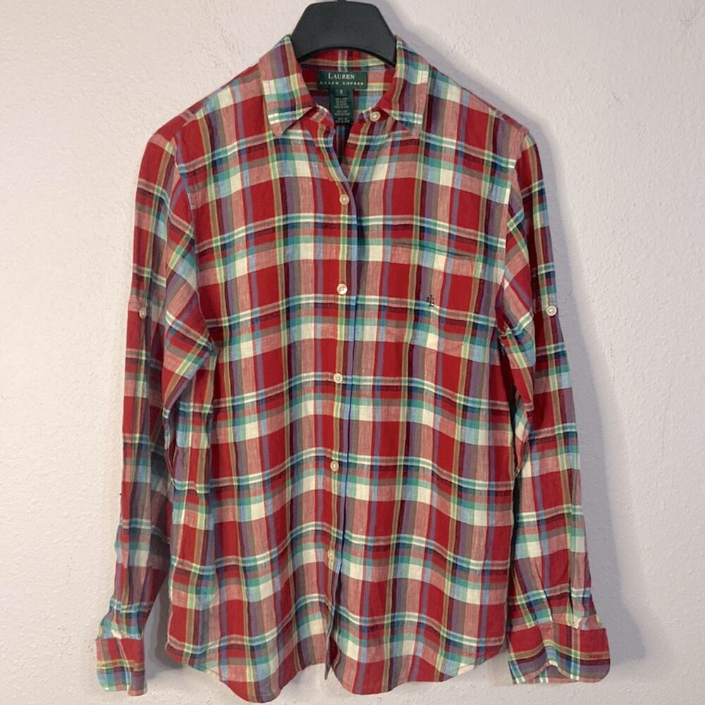 Lauren Ralph Lauren Women 100% Linen Multi Plaid Pattern Button Down Shirt Sz S